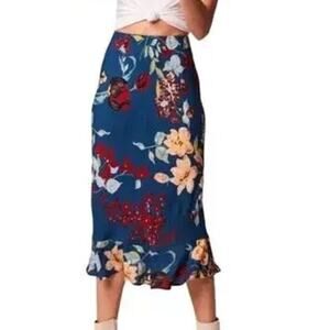 BOG COLLECTIVE Pisa Floral Midi Skirt Teal Pull-On Elastic Crepe Ruffle NWT M